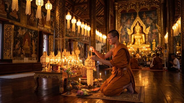 A young Buddhist monk in an orange robe kneels inside a decorated temple temple, lighting traditional paper lanterns