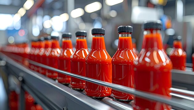A close-up view of a production line with numerous identical red bottles