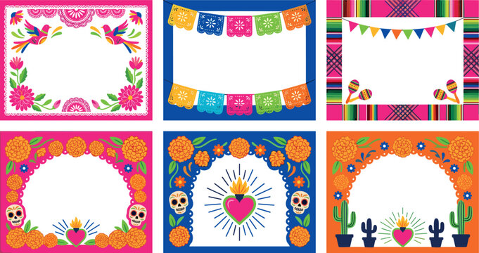 Mexican Fiesta and Day of the Dead Border Frame Set with Papel Picado, Skulls, and Marigold Flowers for Festive Card Designs