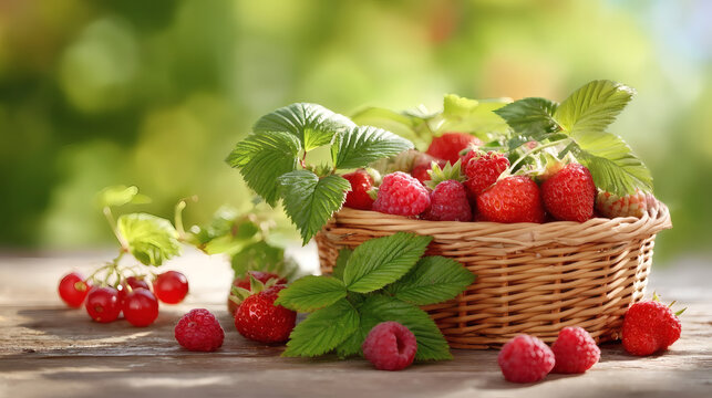 Fresh strawberries and raspberries in a wicker basket on a wooden table outdoors. Summer harvest of ripe berries with green leaves in sunlight.