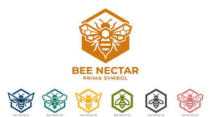 Bee Nectar Logo Design Collection: Hexagonal Honeycomb Bee Icons & Symbols © kiarev