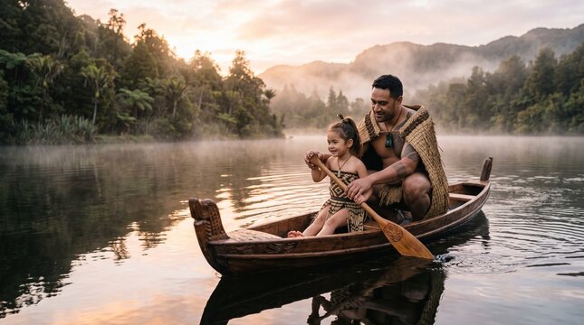 A Maori father and daughter in traditional attire paddle a carved wooden waka (canoe) on a misty, calm lake at sunrise