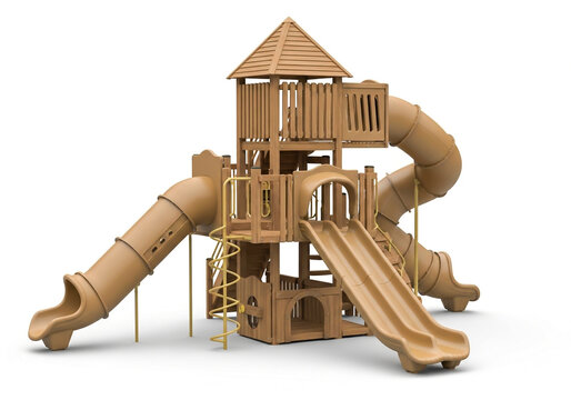 Wooden playground set with multiple slides for kids