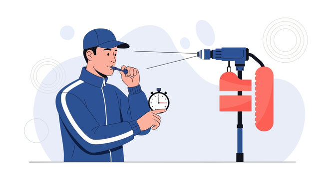 Coach with Whistle and Stopwatch Directs Drill Press Operation for Precision Manufacturing