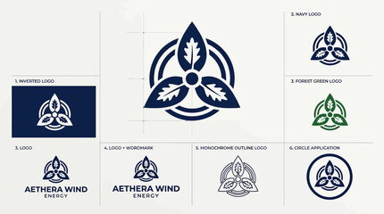 Renewable Energy Logo: Wind Turbine with Leaves and Celtic Knot Symbol © kiarev