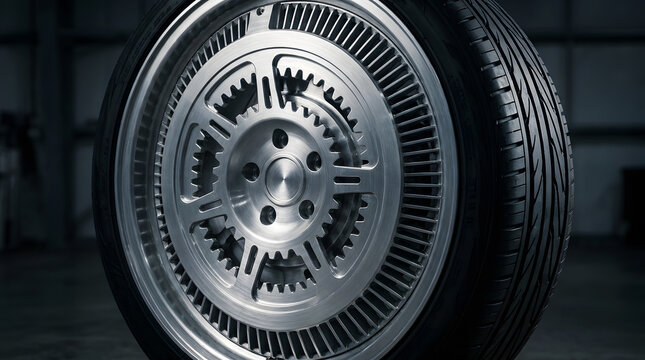 Industrial style silver car wheel rim with integrated gear teeth mechanical design