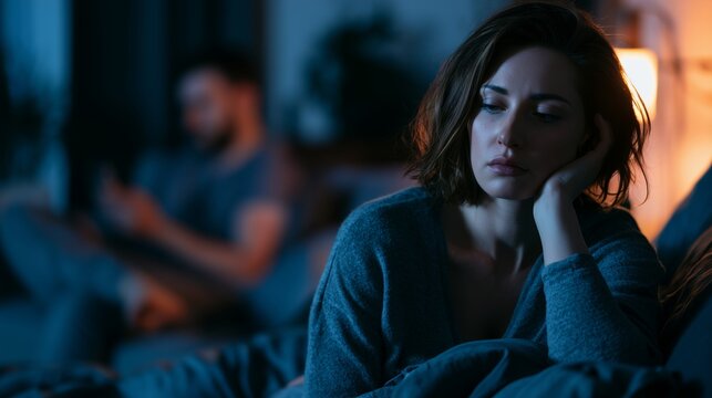 Woman sits in bed looking sad while man uses his phone in the background during evening hours in a dimly lit room