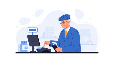 Fototapeta premium Elderly Man Pays with Credit Card at Pharmacy Counter - Modern Flat Illustration