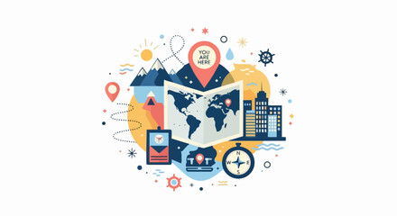 Naklejka premium Global Travel and Exploration Vector Illustration with World Map, Compass, and City Landmarks