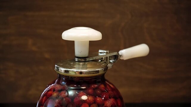 A Can Seamer. Canning cherry compote using a manual seaming machine to seal a large glass jar with metal lid. Home food preservation, traditional kitchen, winter storage preparations. 4K footage.