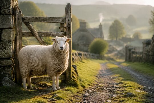 Fluffy sheep beside an ancient wooden gate with a village path in background.