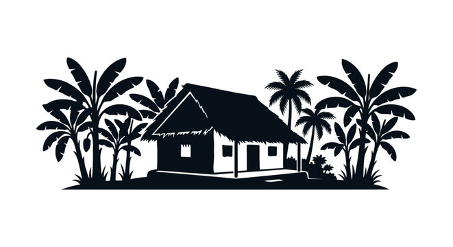 Tropical hut with palm trees black silhouette on white background
