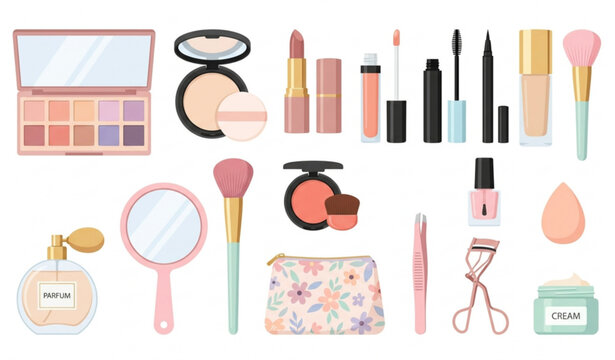 Makeup accessories vector set with lipstick mascara eyeshadow and cosmetic beauty essentials isolated on white