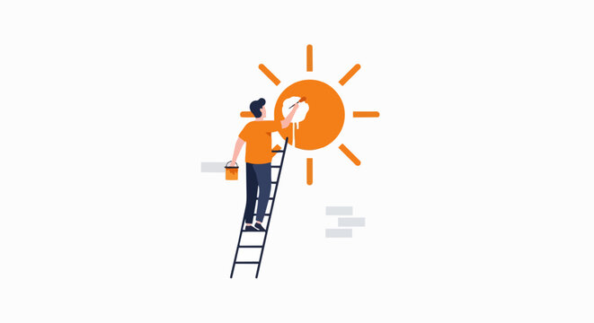 Man on Ladder Painting a Sun on Wall Flat Illustration - Creative Concept of Optimism, Vision, and Positive Thinking Vector