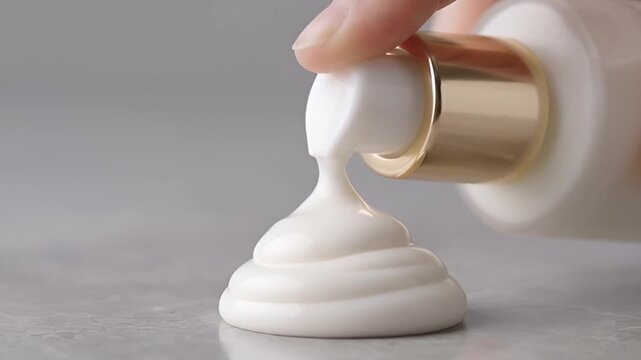 Close up of white skincare cream or moisturizer swirling from pump onto concrete surface