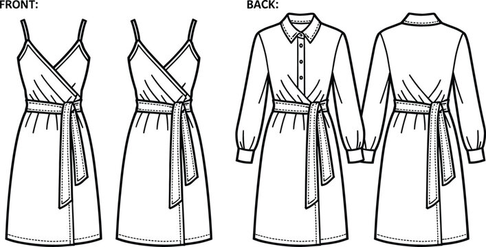 Fashion technical sketch of women wrap dress collection showing front and back view with long sleeve and sleeveless straps