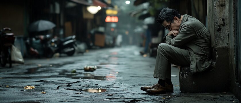 Man in a city street, looking pensive sitting against a wall in sad posture