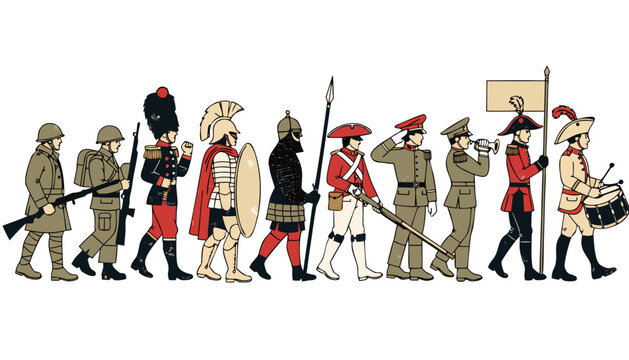 Marching Soldier Silhouettes Row Flat Vector Illustration Vintage Military Soldier Badges Set with WWI Rifleman Roman Legionary Medieval Knight and Bugler Isolated Collection for Marketing Packaging a
