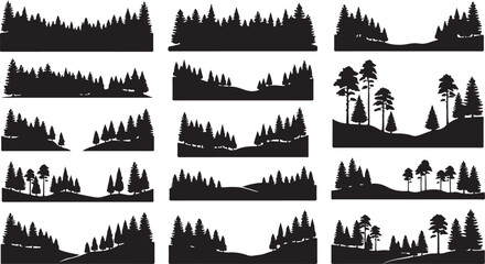 Fototapeta premium Forest Pine Spruce Tree Silhouette Vector Landscape Evergreen Nature Collection Set