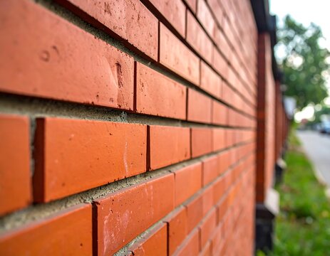 A close-up view of a red brick wall with blurred background