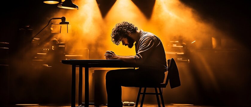 Man in interrogation, head bowed, lit by harsh lights, feeling isolated