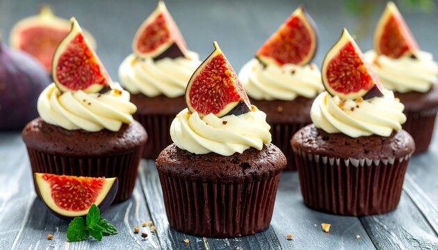 A close-up view of chocolate cupcakes topped with cream and figs