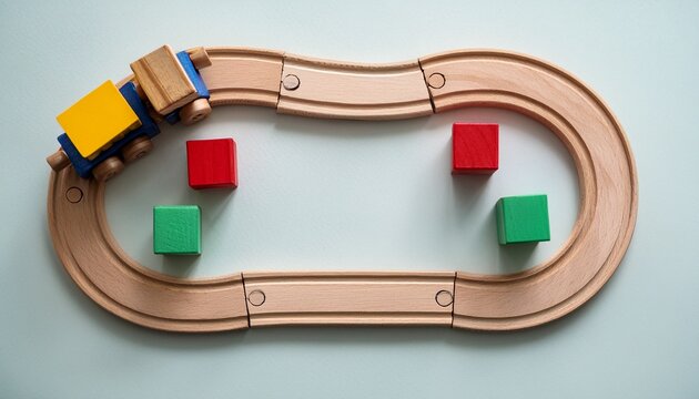 top view colorful wooden train road and cubes frame mockup flat lay a b c cubes road and wooden train copy space for text