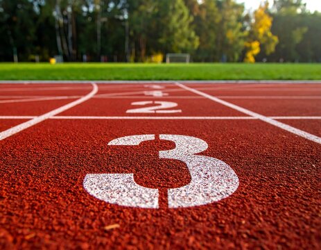 A close-up view of a red running track with white lane markings and numbers