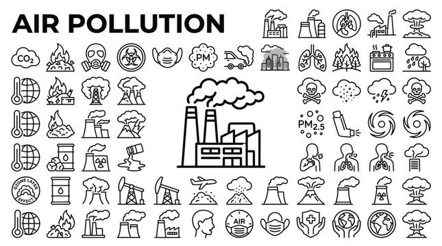 Air pollution icons set, environmental problems and global warming symbols