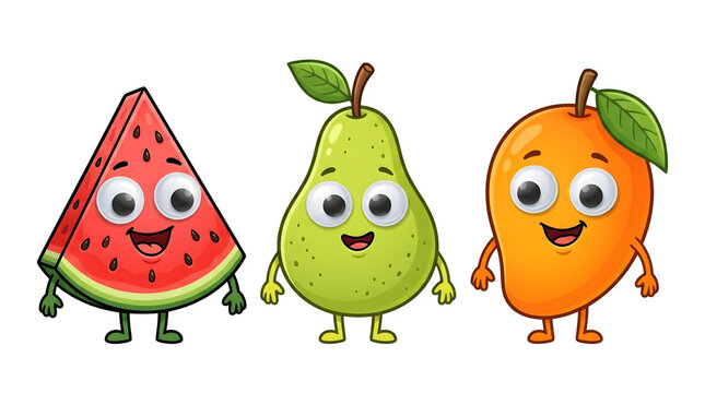 Cute cartoon watermelon pear and mango fruit characters