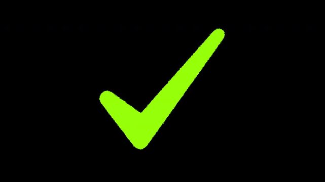 check mark drawing animation with smooth stroke reveal. Approved tick icon pop-up with glow and scale bounce effect.