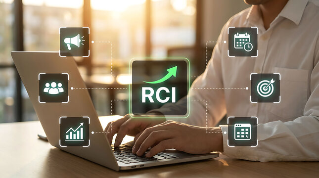 Businessman working on laptop with RCI management and marketing icons