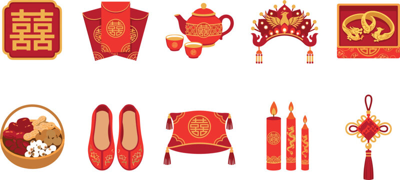 Traditional Chinese Wedding Vector Icon Set Featuring Double Happiness Symbol Red Envelopes Bridal Crown Tea Ceremony and Gold Dragon Bangles