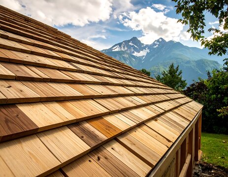 A close-up view of a roof's wooden shingles with a scenic mountain landscape