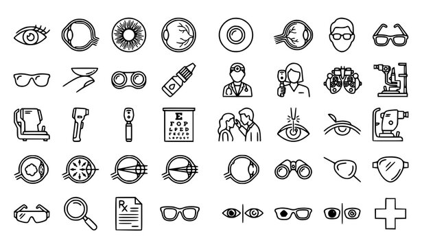 Ophthalmology Line Icon Set with Vision Diagnosis Eye Surgery Glasses and Phoropter Editable Stroke Vector