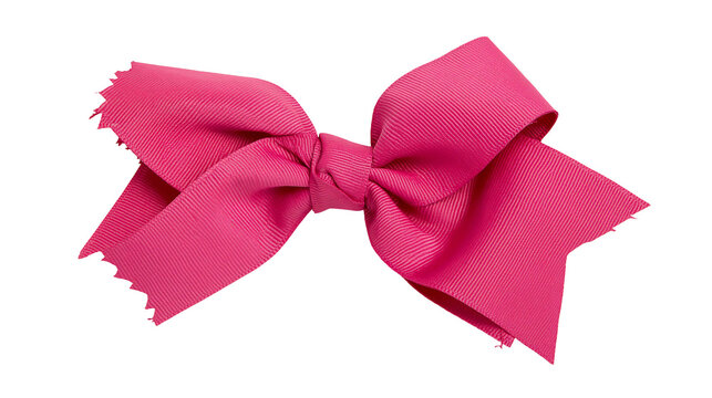 Bright pink grosgrain ribbon bow with frayed edges, isolated on transparent background