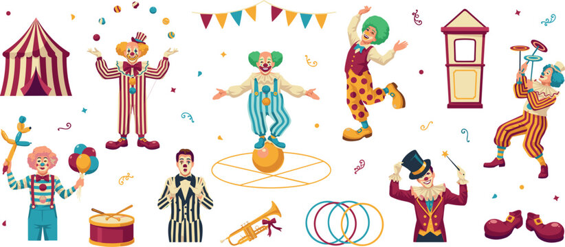 Vintage circus clowns bundle with juggler balancing mime ringmaster tent musical instruments and fairground entertainment icons vector