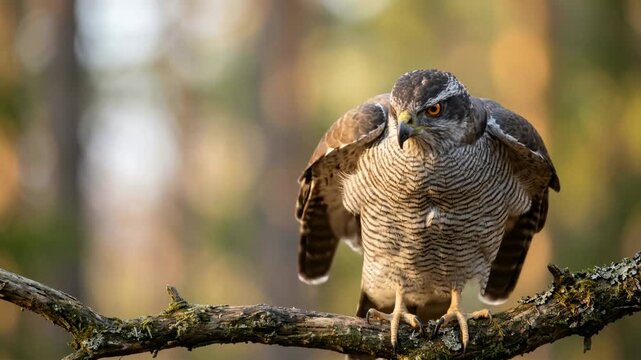 goshawk close up in boreal forest canada morning light video