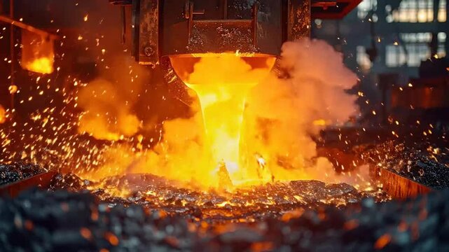 Molten metal pours from a heavy industrial ladle into a mold