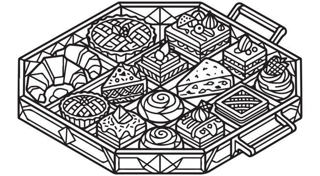 Coloring page vector illustration of a serving tray filled with various sweet pastries cakes pies and desserts