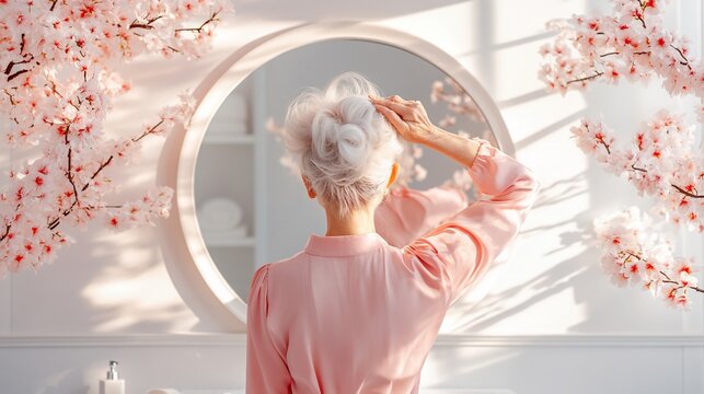 Mature woman styling her hair in a bathroom,  surrounded by delicate pink cherry blossoms