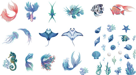 Watercolor ocean life element set featuring tropical fish, manta ray, seahorse, jellyfish, starfish, sea shells, and marine coral reef plants isolated vector © Md