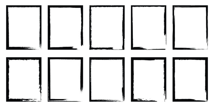 Collection of eight black brushstroke frames for graphic design and text layouts, Grunge frame collection