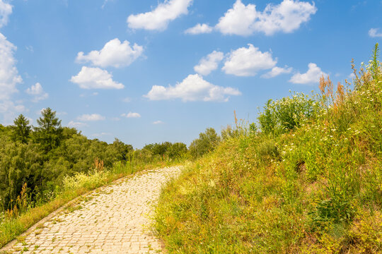 Path leading to the summit of the J&oacute;zef Piłsudski Mound in Krak&oacute;w (Kopiec Jozefa Pilsudskiego w Krakowie) in Lasek Wolski forest. Krakow, Poland
