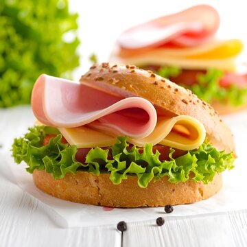 A close-up view of a sandwich with ham, cheese, and lettuce on a bun