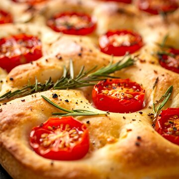 A close-up view of a savory flatbread topped with halved cherry tomatoes and a sprig of rosemary