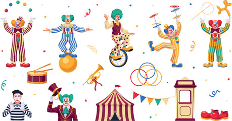 Circus performers and clown entertainment collection featuring juggling unicycle mime artist big top tent and carnival graphics vector © Md