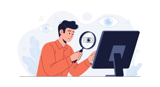 Man Inspecting Computer Screen with Magnifying Glass, Surveillance Concept
