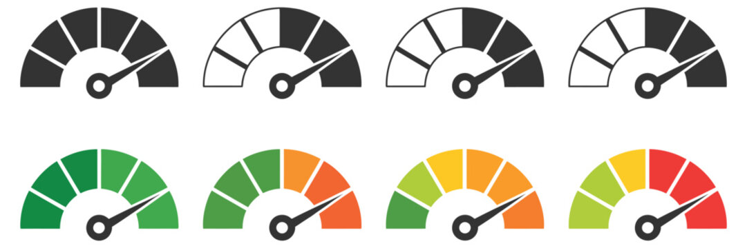 Speedometer Icons Vector with Gauge Meters Showing Low, Medium and High Performance Levels for Risk Analysis