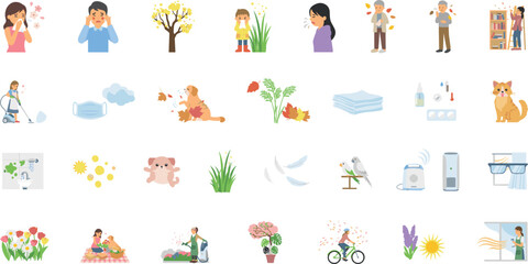 Fototapeta premium Common allergy causes and patient symptom icons bundle highlighting seasonal pollen dust pet dander and clean air solutions vector